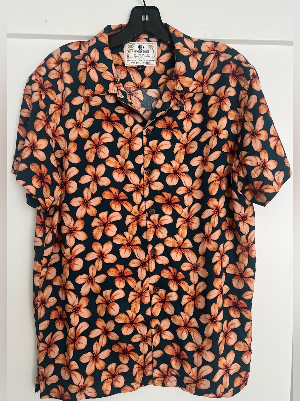 MBX Men's Tropical Collection Floral Short Sleeve Shirt Green & Peach Size M